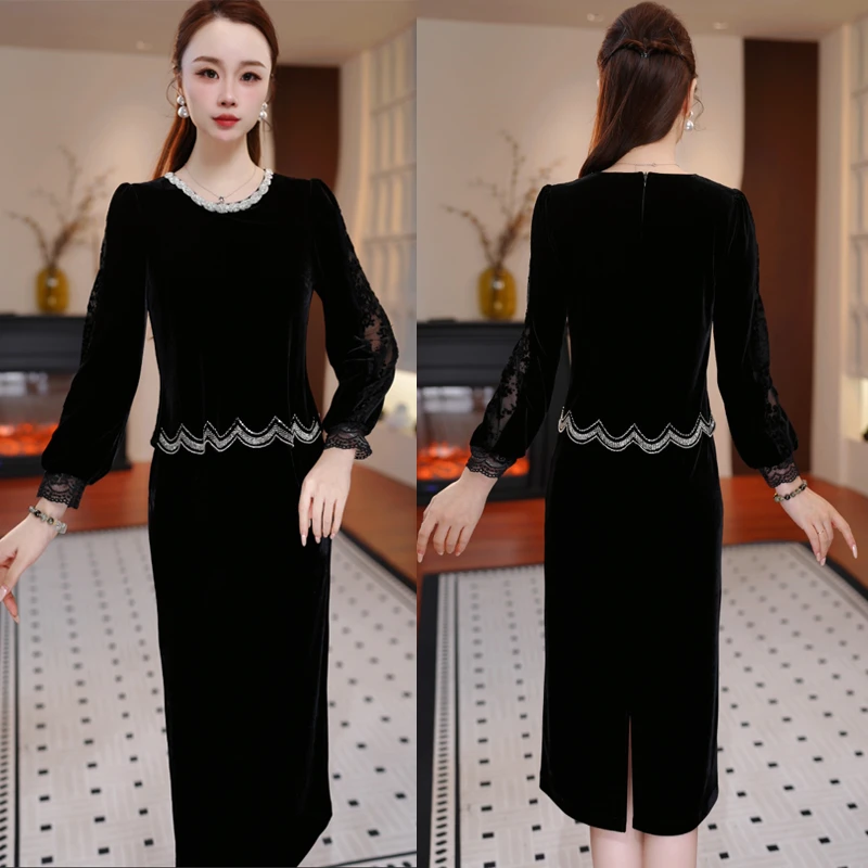 【巴黎之夜】假两件2025秋季新款显瘦洋气减龄轻奢女人味黑色连衣裙