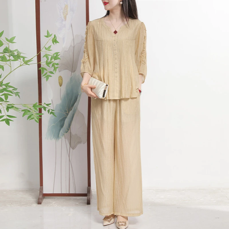 夏装简约纯色套装中年女时尚V领小衫青年舒适T恤两件套2537