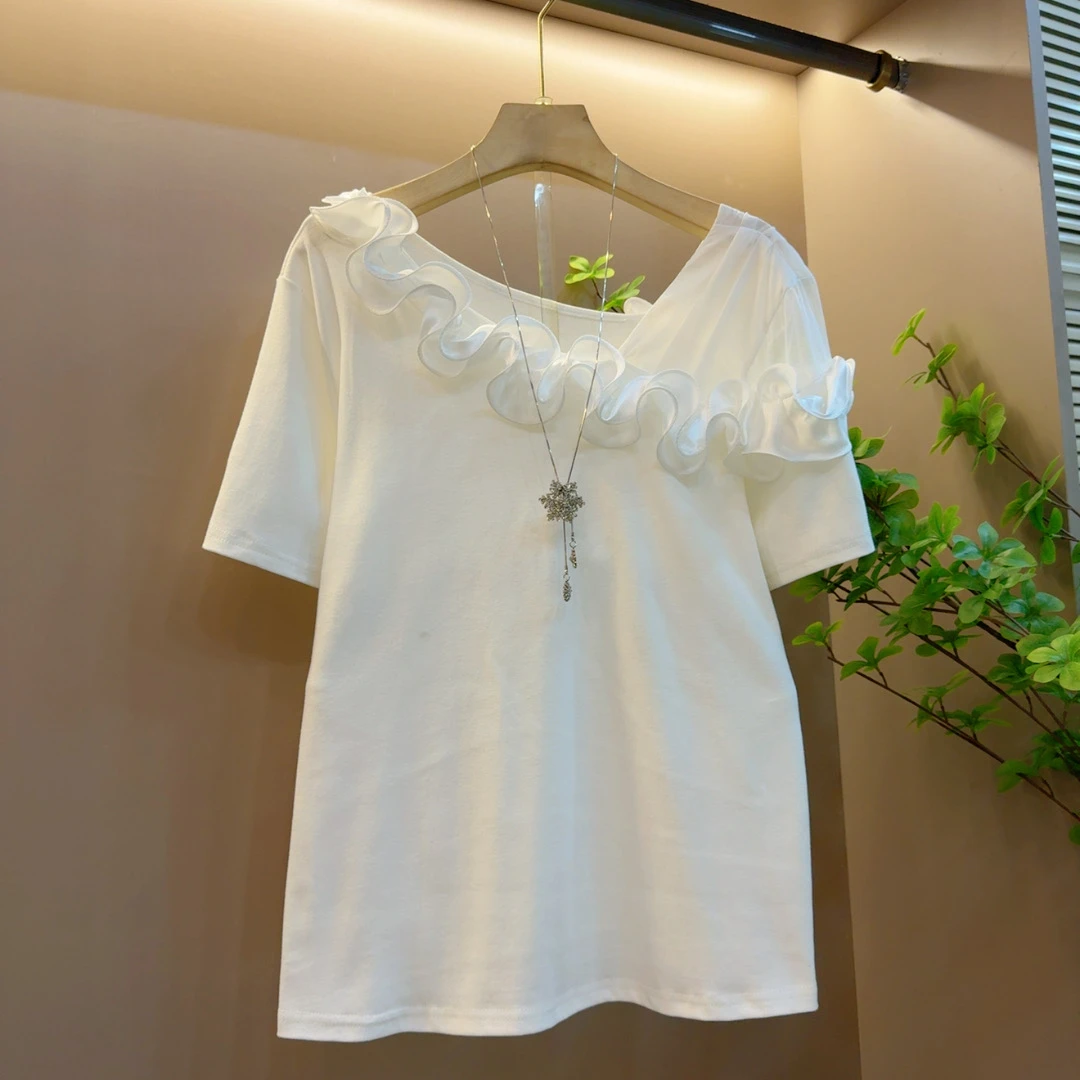 新款欧洲站时尚拼接花边气质显瘦百搭短袖上衣（长60左右）