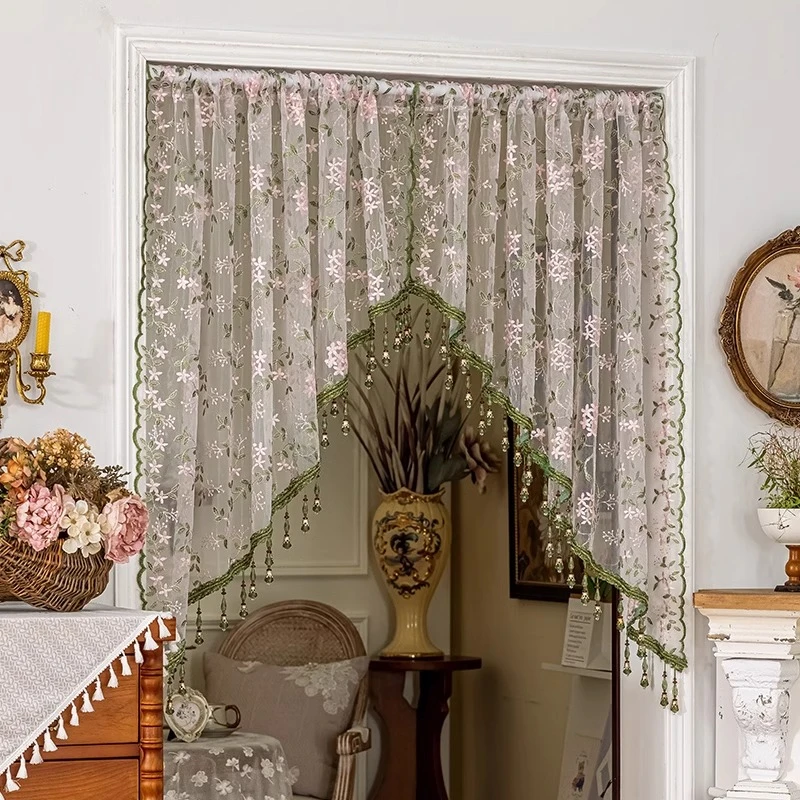 直播【繁花似锦】三角门帘遮挡帘氛围感高定刺绣重工吊珠纱帘免打孔