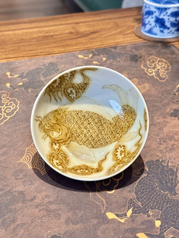 景德镇立勤堂手工手绘釉里金大金鱼普洱杯精美功夫茶杯品茗茶盏