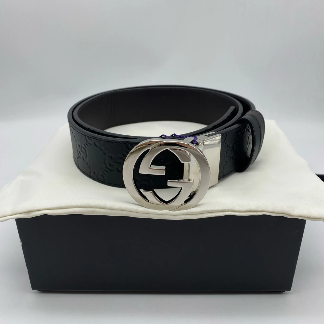 99新 GUCCI/古驰 闲置银头双面黑色压花90码皮带13117569