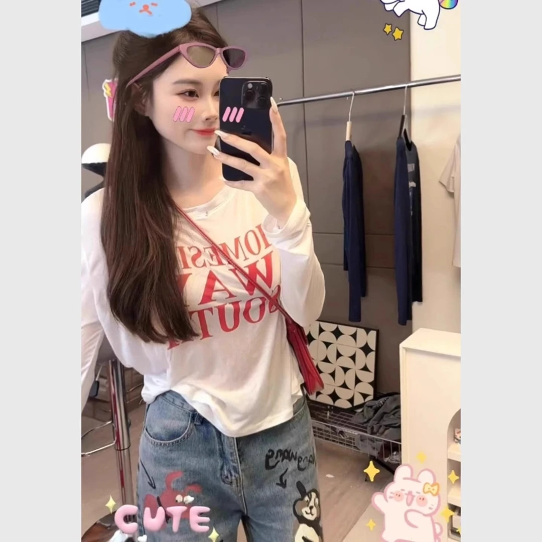 字母印花白色长袖t恤女薄款夏防晒罩衫2025超火减龄巨好看的上衣