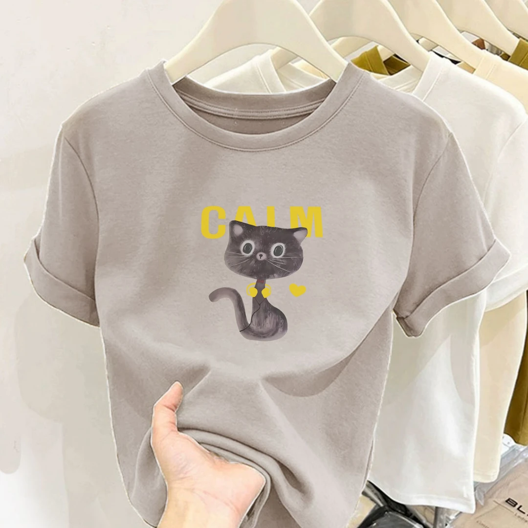 新款圆领CALLM猫咪印花ins纯棉短袖短款小个子女修身显瘦百搭上衣