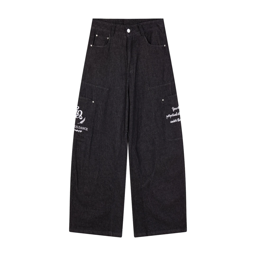 出前一町夏季复古字母刺绣小众设计牛仔裤男女同款休闲宽松阔腿裤