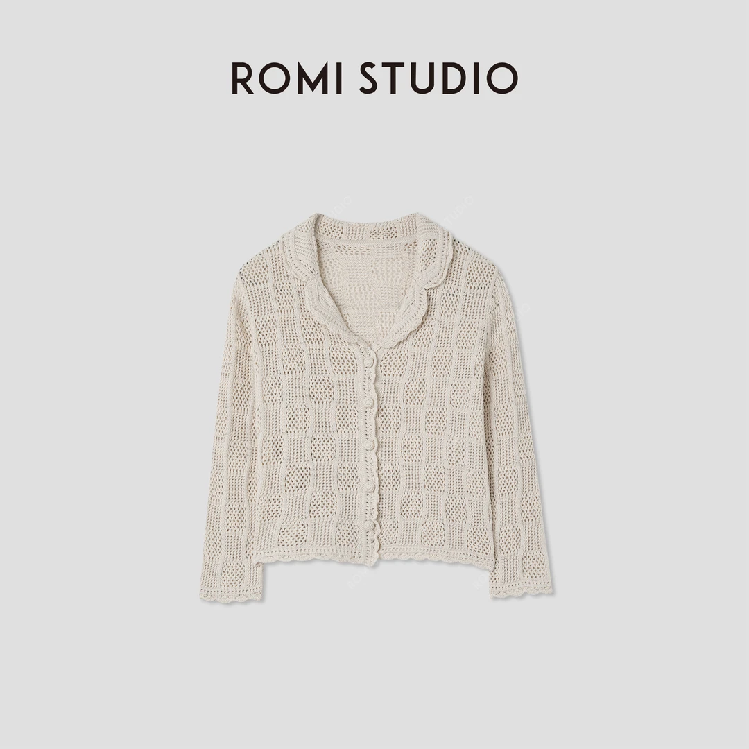 ROMI STUDIO“法式复古”手工钩织镂空棉质短款针织开衫 RWCRSZ3490