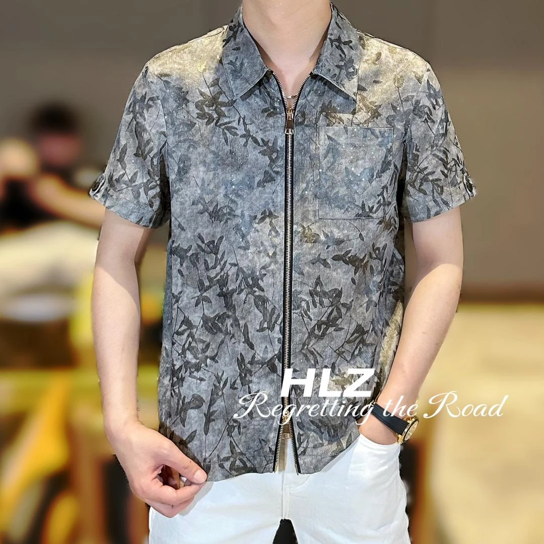 2025夏季新款男士休闲时尚定制竹叶雕花双拉链薄款翻领短袖衬衫