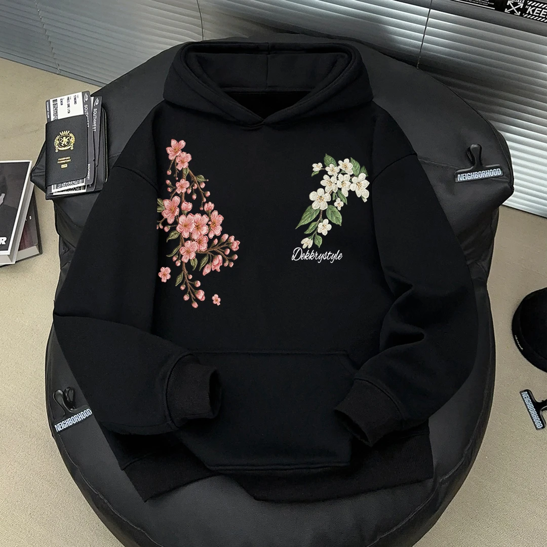 美式花卉图案印花重磅风黑色卫衣秋冬男女款连帽套街头休闲风上衣