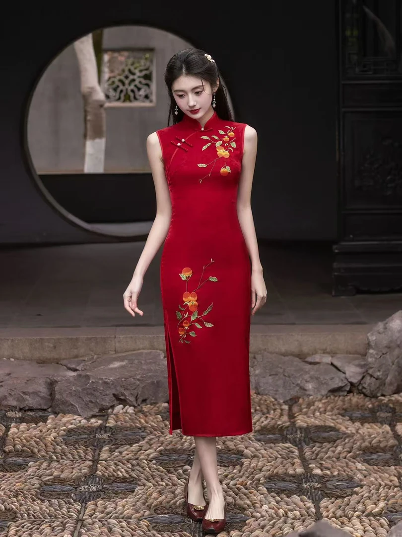 LJQ佳红色旗袍敬酒服订婚柿柿如意新中式新娘晨袍无袖醋酸绣花