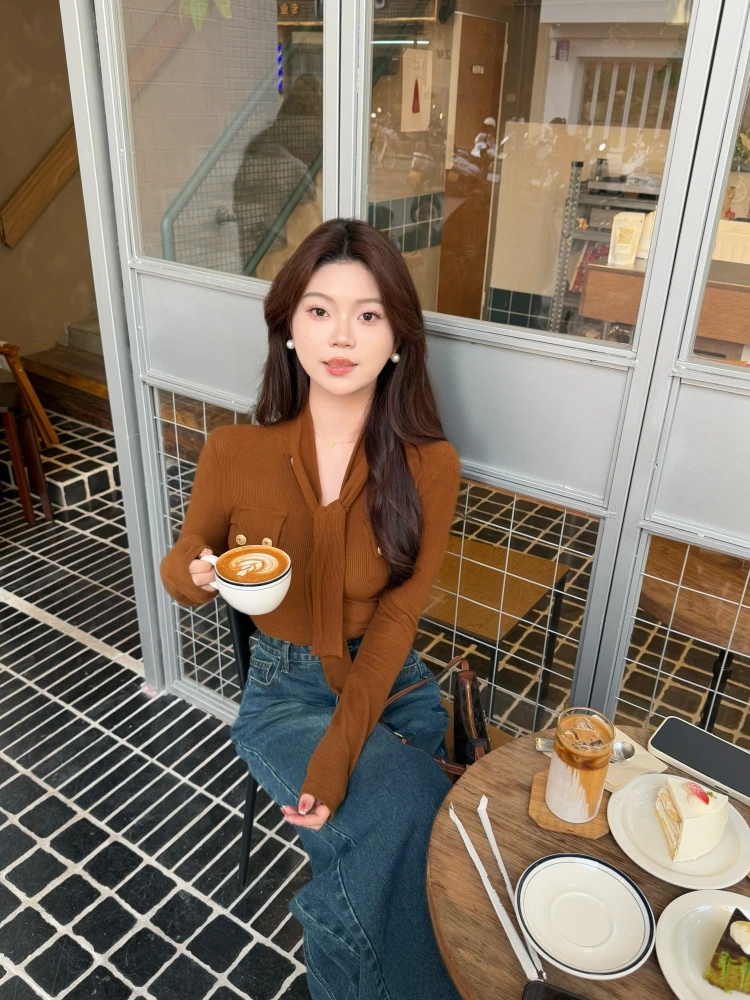 【时光画布】韩系温柔气质V领系带t恤女秋冬修身显瘦内搭打底衫上衣