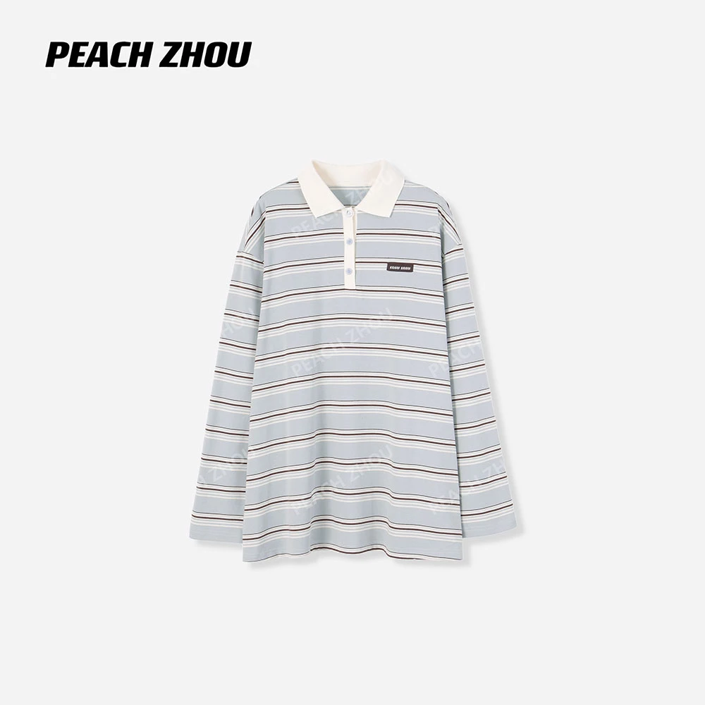 『PEACHZHOU』撞色条纹Miu系宽松翻领长袖休闲减龄学院风大版POLO衫