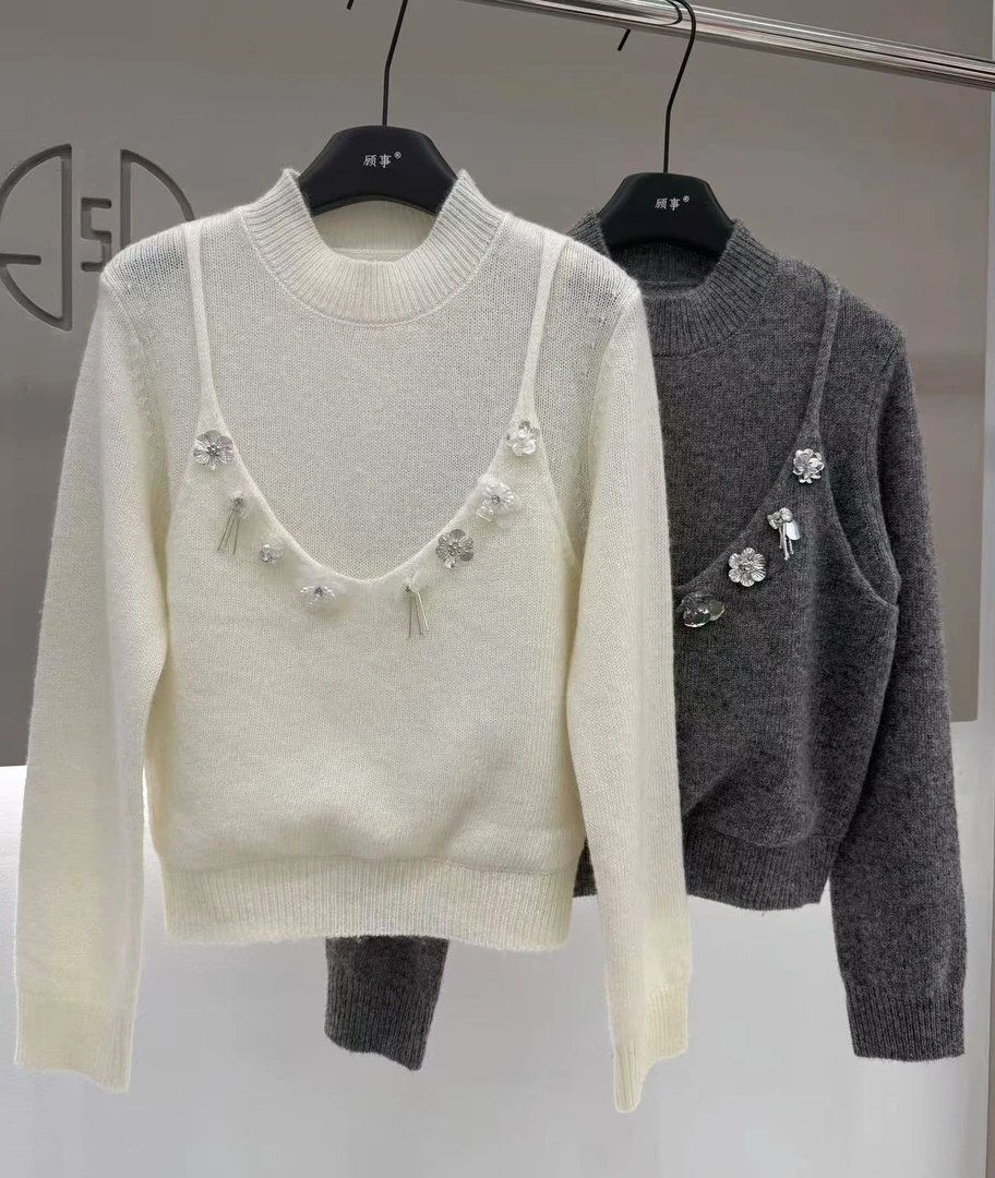 【PoGu】秋冬新款百搭气质显瘦高级圆领假两件女士毛衣针织衫