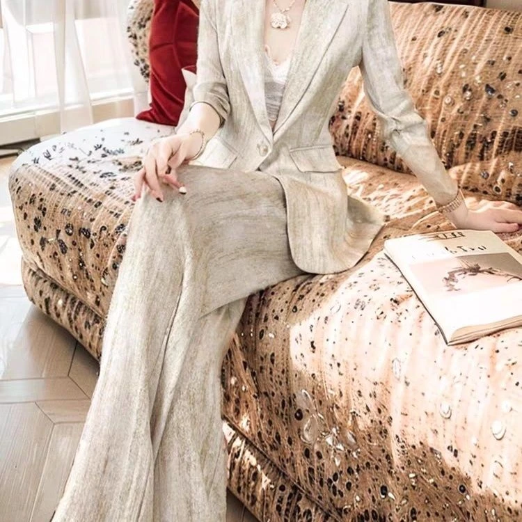 2023秋季新款高端职业套装干练气质轻熟风炒色西装外套阔腿裤两件