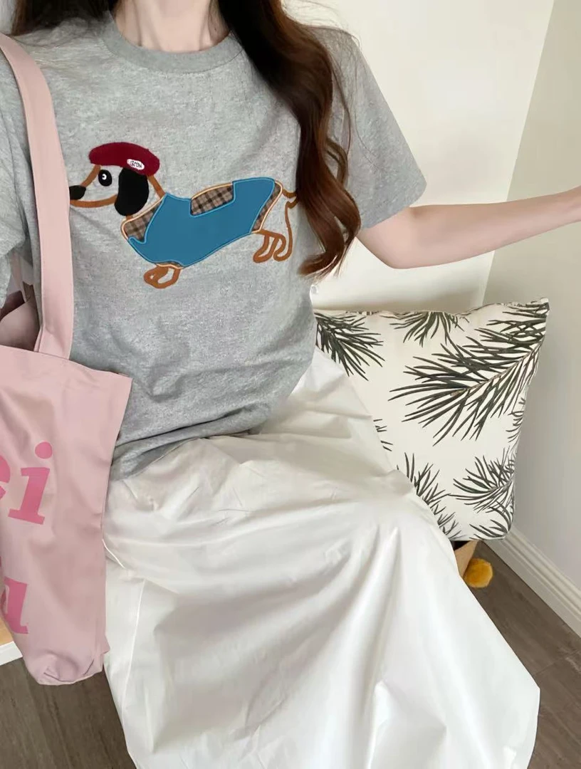 632夏季新款美式腊肠犬刺绣设计感宽松休闲百搭时尚短袖T恤上衣