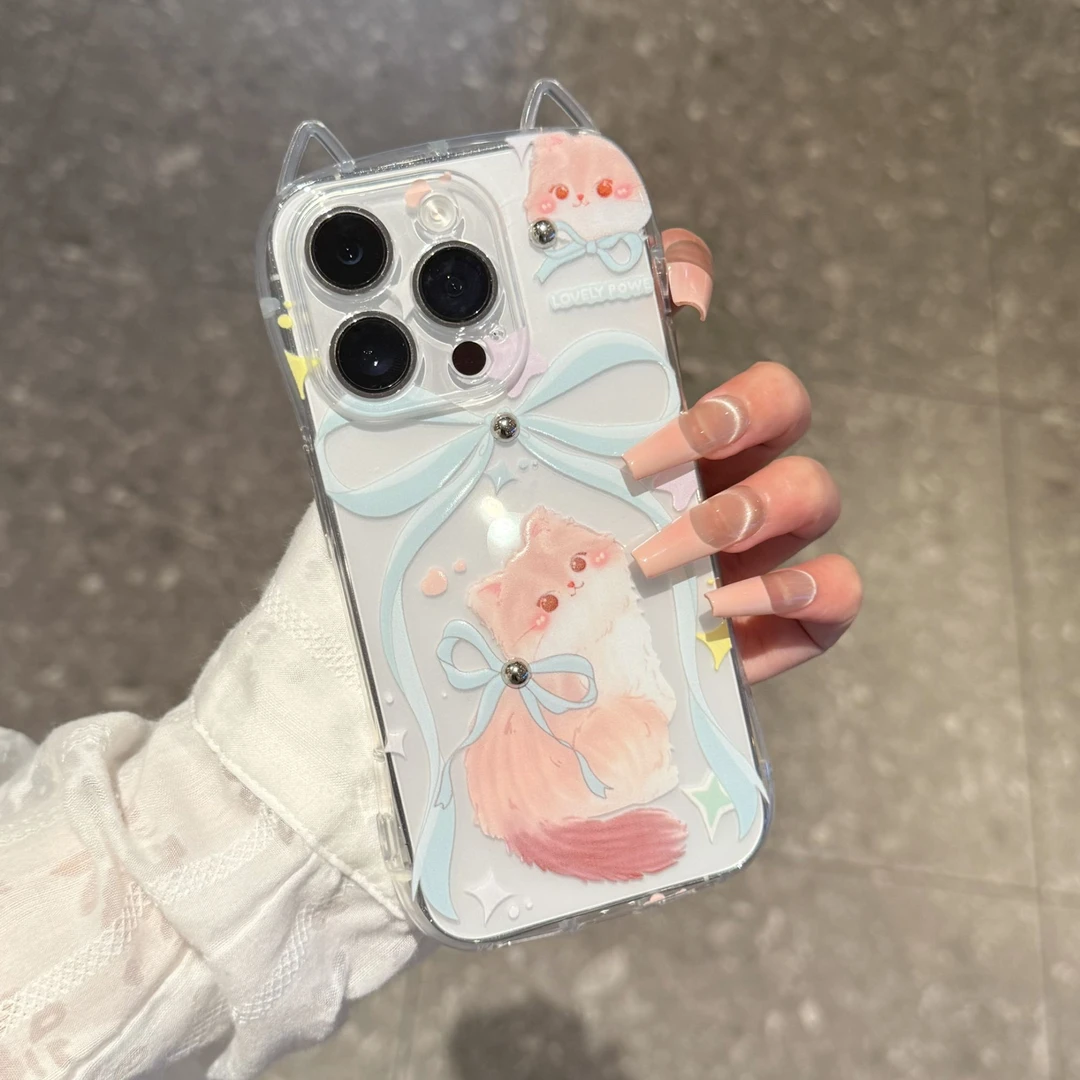 奥菲顿甜美猫咪贴钻适用iPhone16/15pro苹果14猫耳朵手机壳13/12
