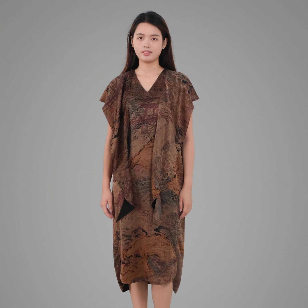 香云故里·亭台楼角素平缎香云纱披肩连衣裙XB25-G11101