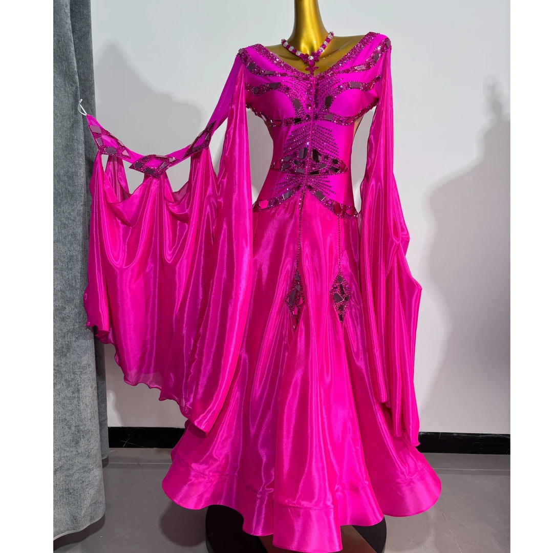 华亦新品玫红色进口日料摩登舞国标舞交谊舞华尔兹高级定制连衣裙