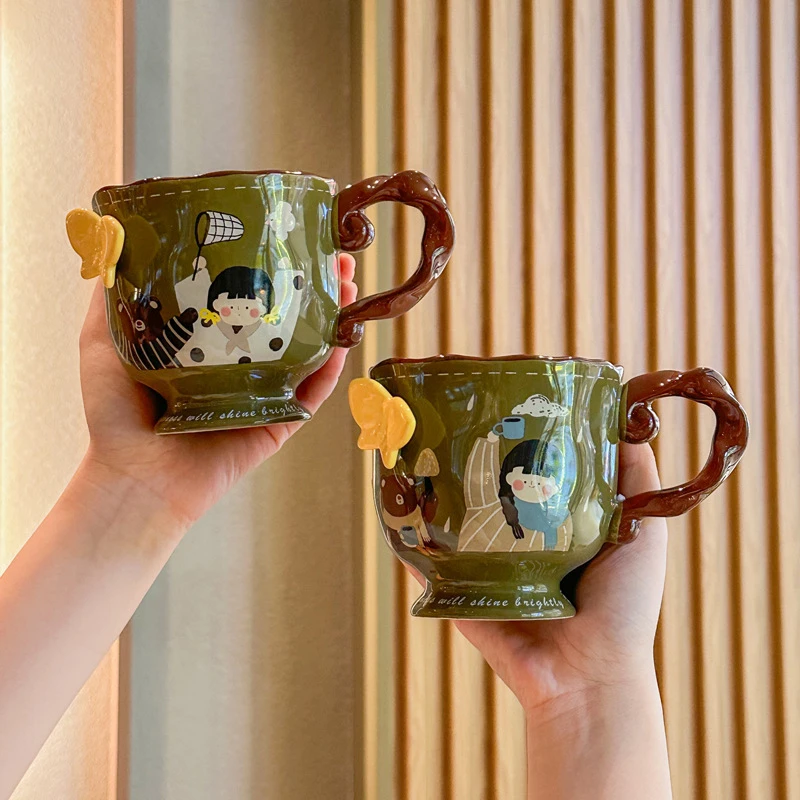 ins风复古女孩高脚杯可爱蝴蝶陶瓷马克杯办公室咖啡牛奶杯伴手礼