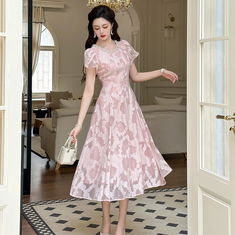 长款复古显瘦圆领修身连衣裙气质小个子设计感连衣裙45202