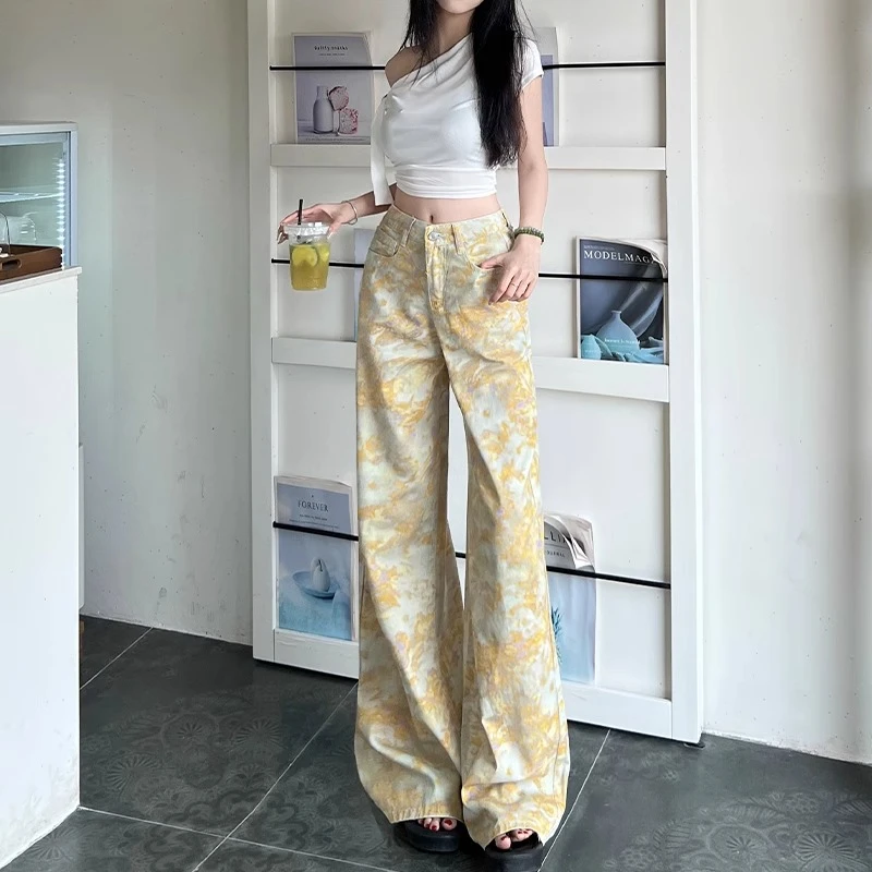 杜拉妮扎染印花阔腿牛仔裤女2025夏季新款高腰小个子直筒拖地裤子