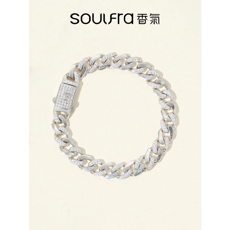 925银手链 【迪拜重工古巴手链】实心镶嵌人造锆石20.5g17.5手围