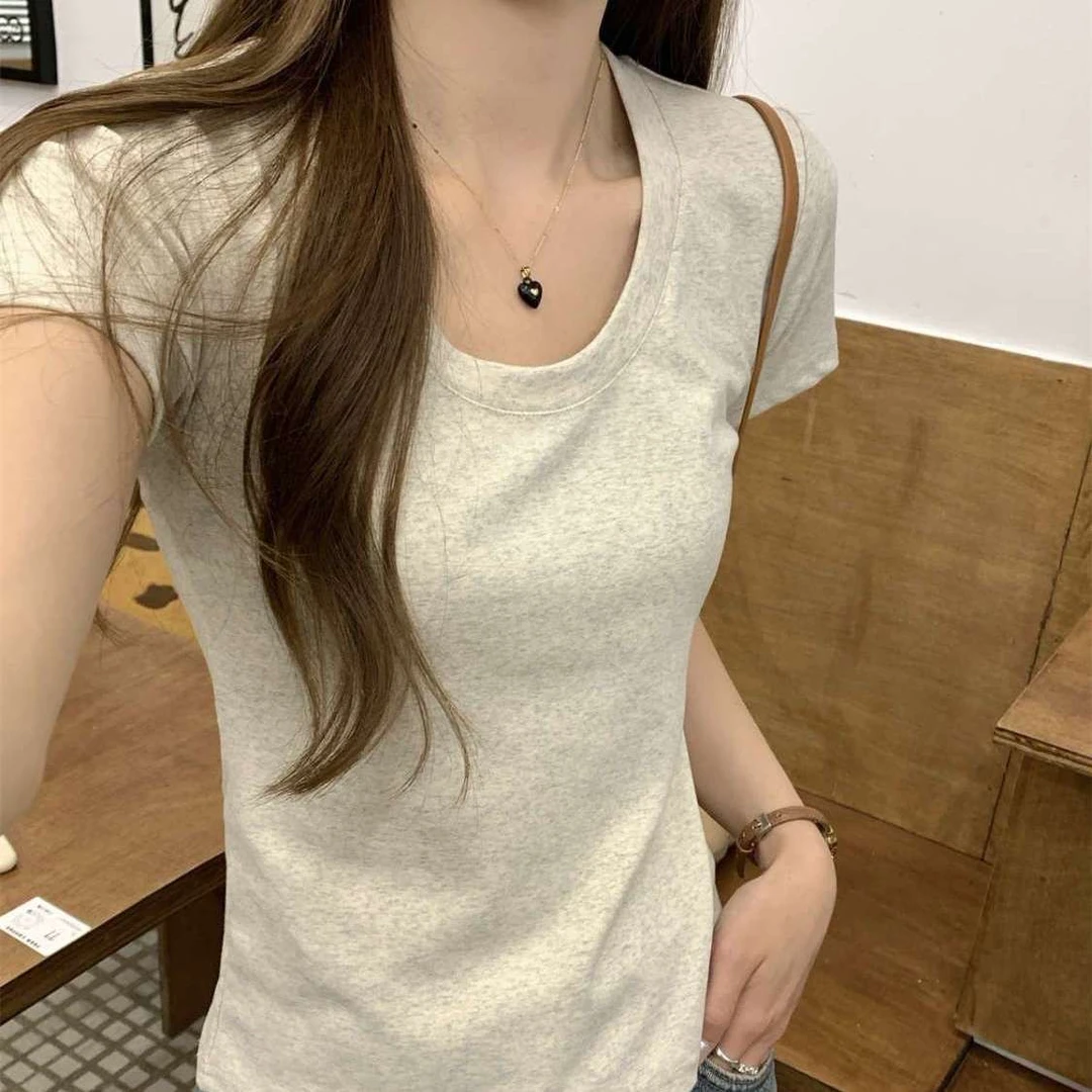 纯色纯欲U领短袖t恤女夏季修身掐腰收腰显瘦辣妹独特别致上衣体恤