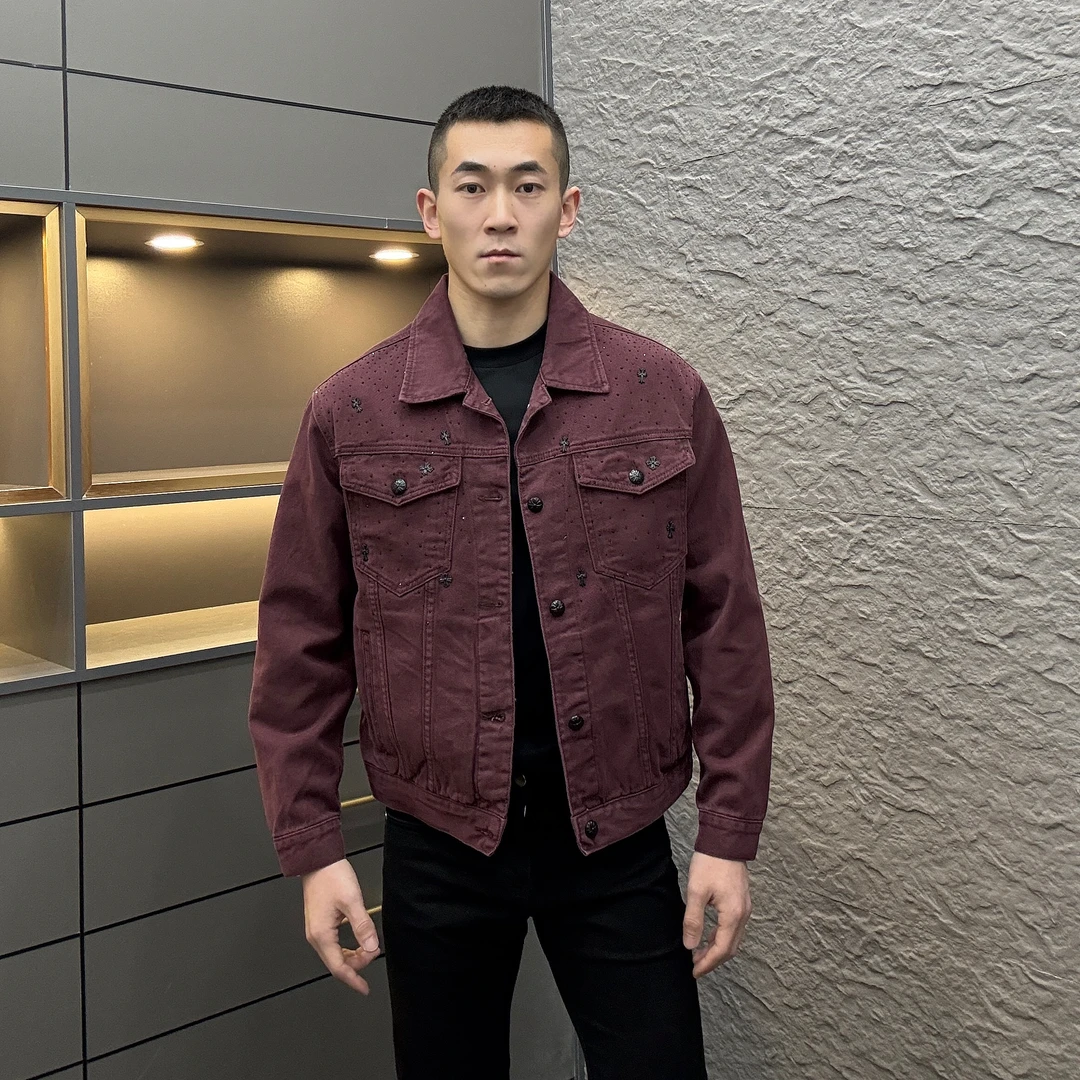 2025春季新款时尚休闲百搭纯色亮钻重工男士牛仔外套上衣夹克5566