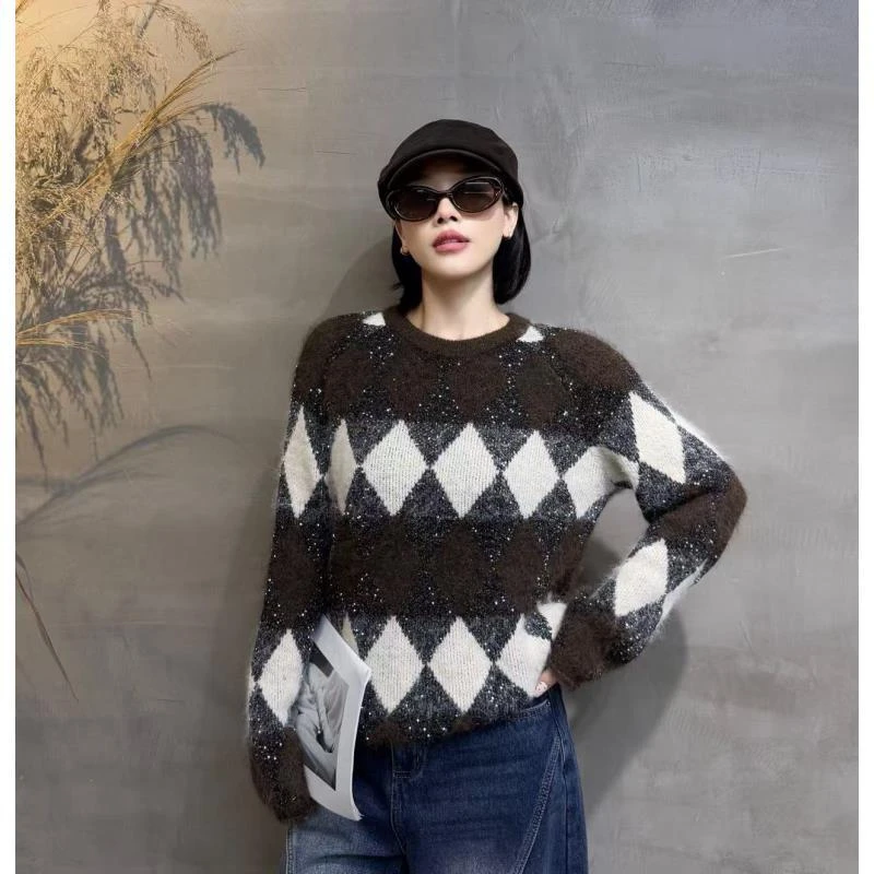 65139#菱形格针织衫毛衣女2025冬季新款撞色圆领宽松显瘦复古上衣