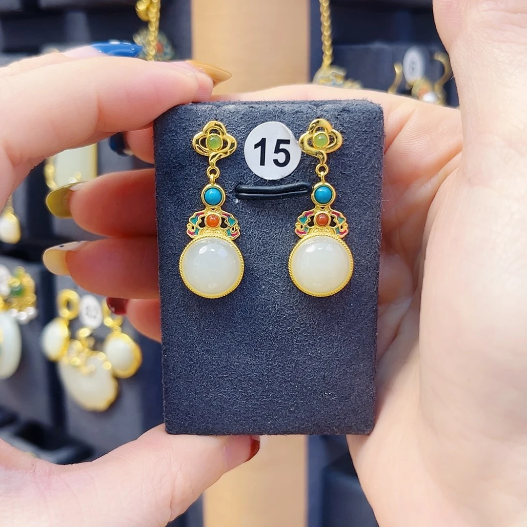 和田玉银S925镀金镶嵌耳饰