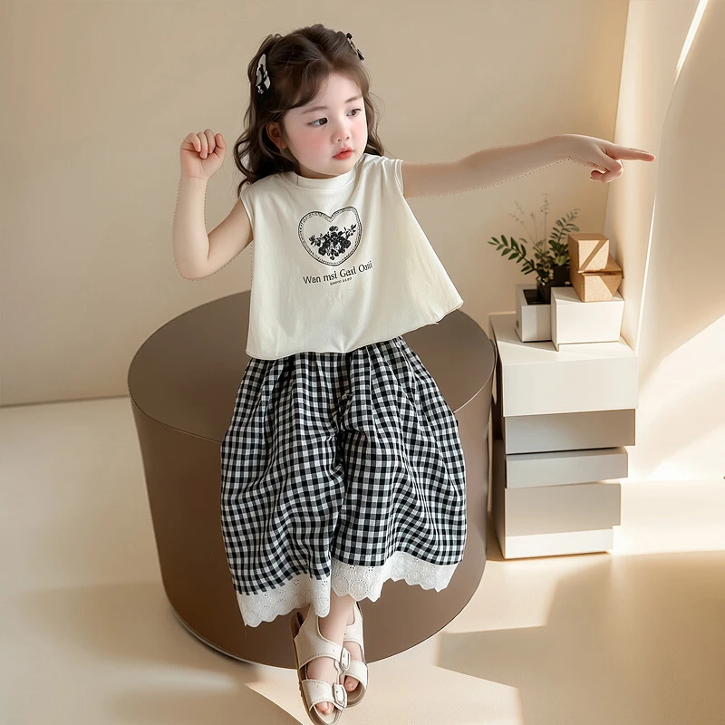 韩式女童爱心花边格子裤套2025夏季新款两件套网红校园婴儿防晒衣
