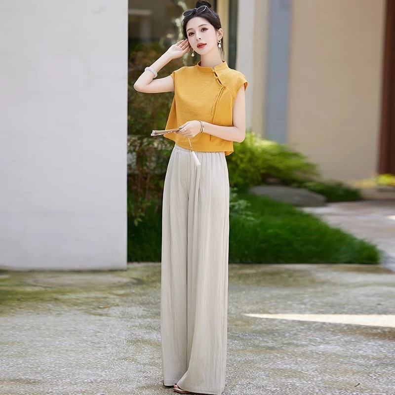 新中式国风套装女2025夏新款时尚洋气巨显瘦遮肉短袖阔腿裤两件套