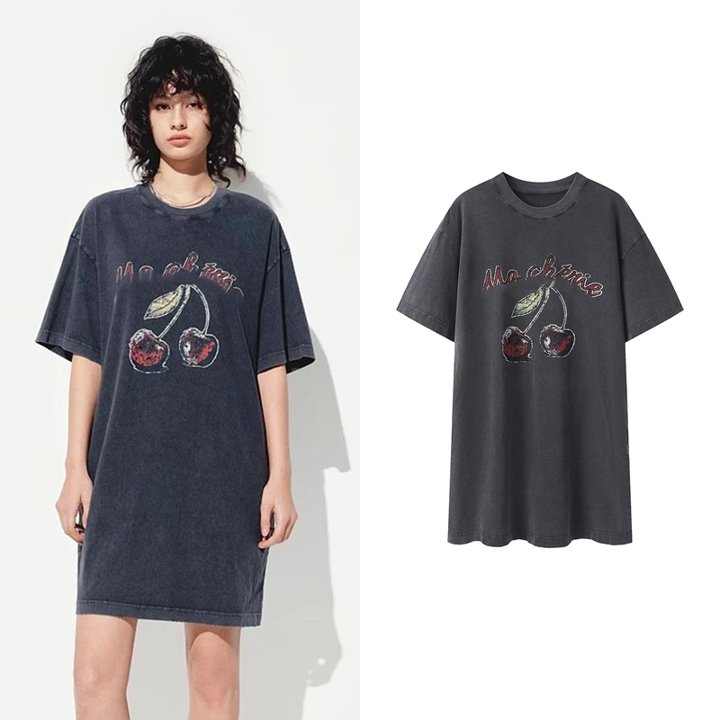 【连衣裙】2025夏季新品时尚洗褪棉质斑驳印花磨边短袖T恤裙女K5774