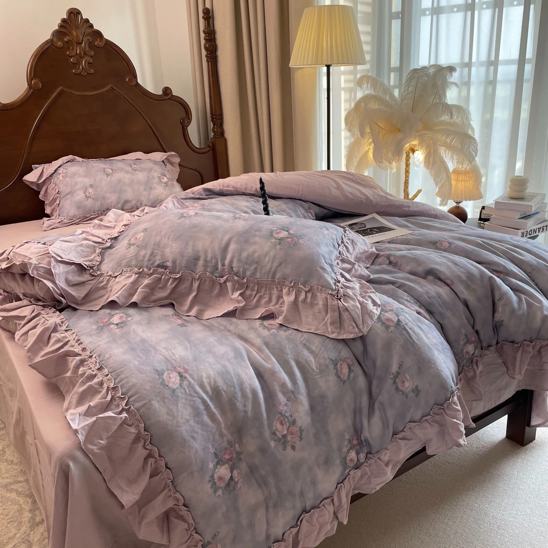 漫漫 【薄雾玫瑰】全棉双层纱四件套油画风花边床品套件复古