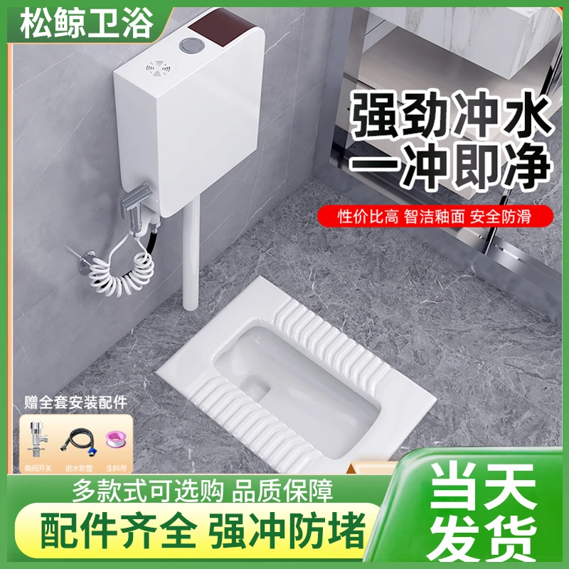松鲸家用陶瓷蹲便器水箱整套装卫生间防臭大便器蹲坑式便池子厕所