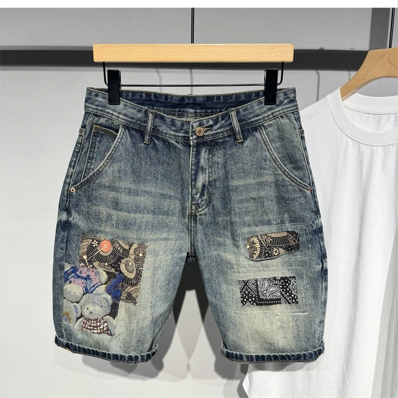 夏季新款男士宽松直筒中裤痞帅贴布刺绣牛仔短裤男潮牌五分裤新款