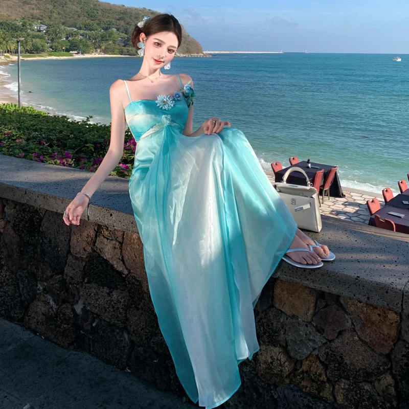 现货夏季海边水光白绿渐变立体花朵连衣裙 仙气飘逸气质性感沙