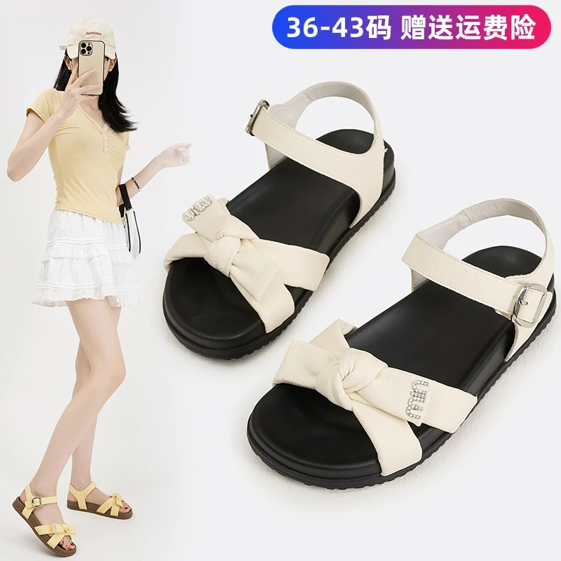 大码女鞋41—43凉鞋女平底2025夏季款外穿蝴蝶结配裙子防滑沙滩鞋