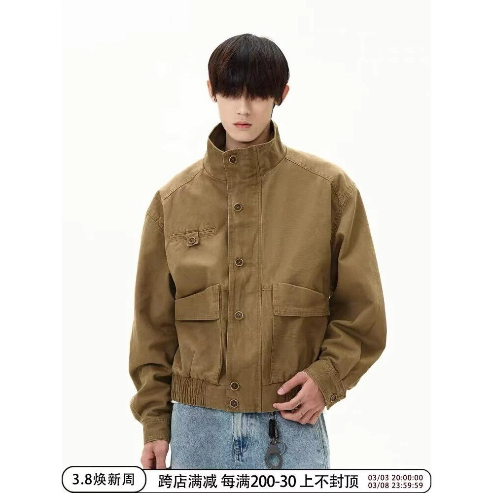 Vintage复古重工水洗短款立领工装夹克美式做旧拼接设计感外套男