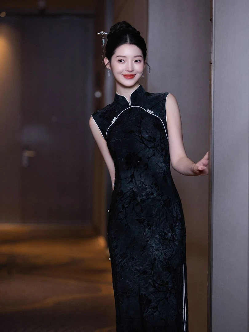 旗袍黑色无袖夏季新款修身复古长款年轻改良日常中式气质连衣裙