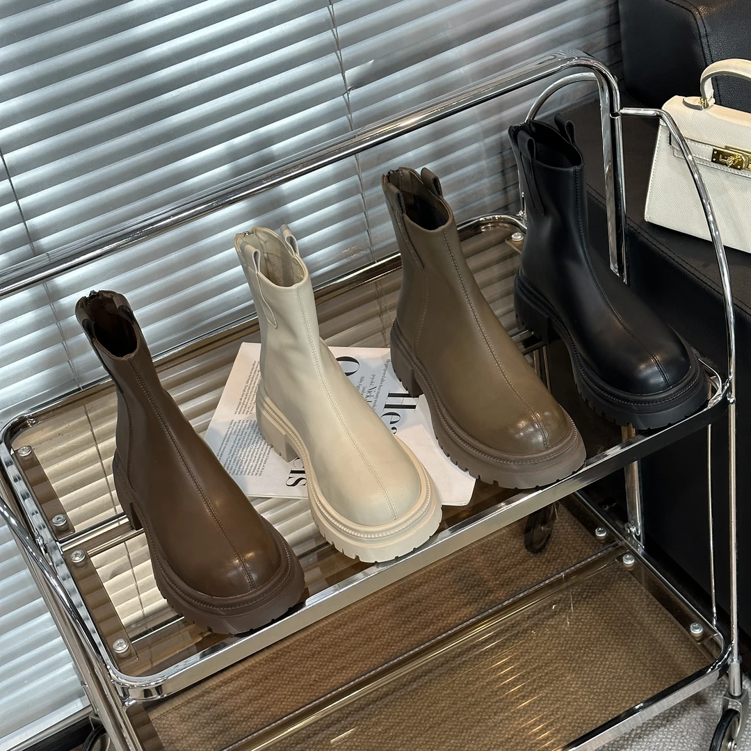 XIEFURN/鞋夫人百搭厚底瘦瘦靴女2024秋冬英伦风圆头粗跟中筒短靴