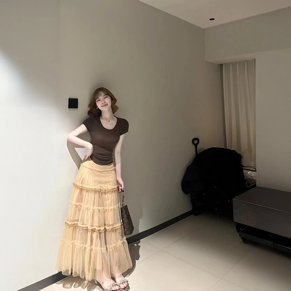 夏季穿搭一整套高级感气质露背短袖上衣显瘦网纱半身裙通勤套装女