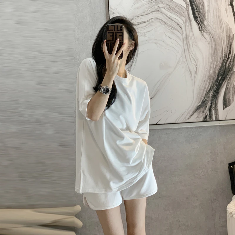 网红时尚减龄休闲运动套装女夏款2025新款白色t恤短裤两件套ins潮