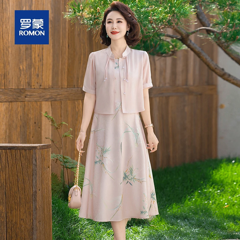 罗蒙妈妈夏装时尚简约小衫连衣裙套装中老年薄款国风洋气中长裙女