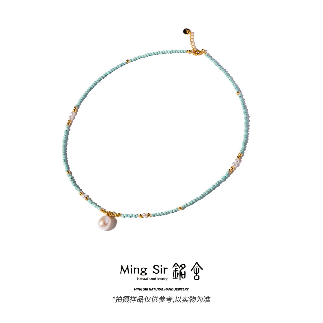 【铭舍 】原矿绿松小米珠项链2mm左右珍珠款设计款锁骨链时尚珠宝