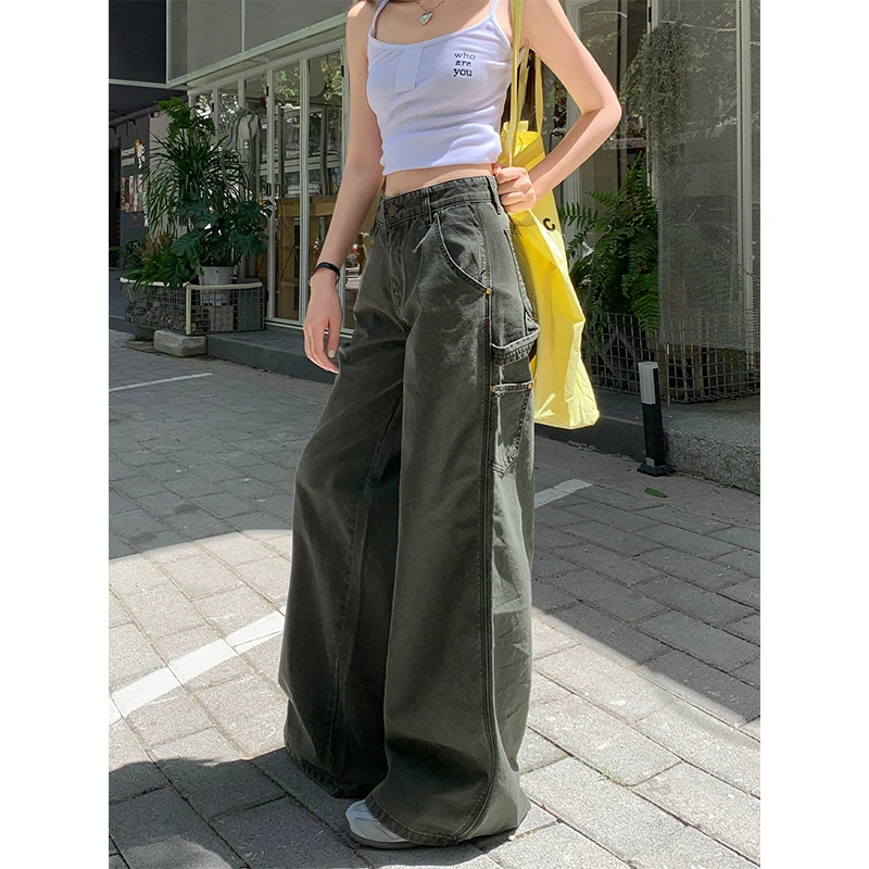 美式复古军绿色工装裤女秋季新款高街宽松阔腿显瘦直筒休闲牛仔裤