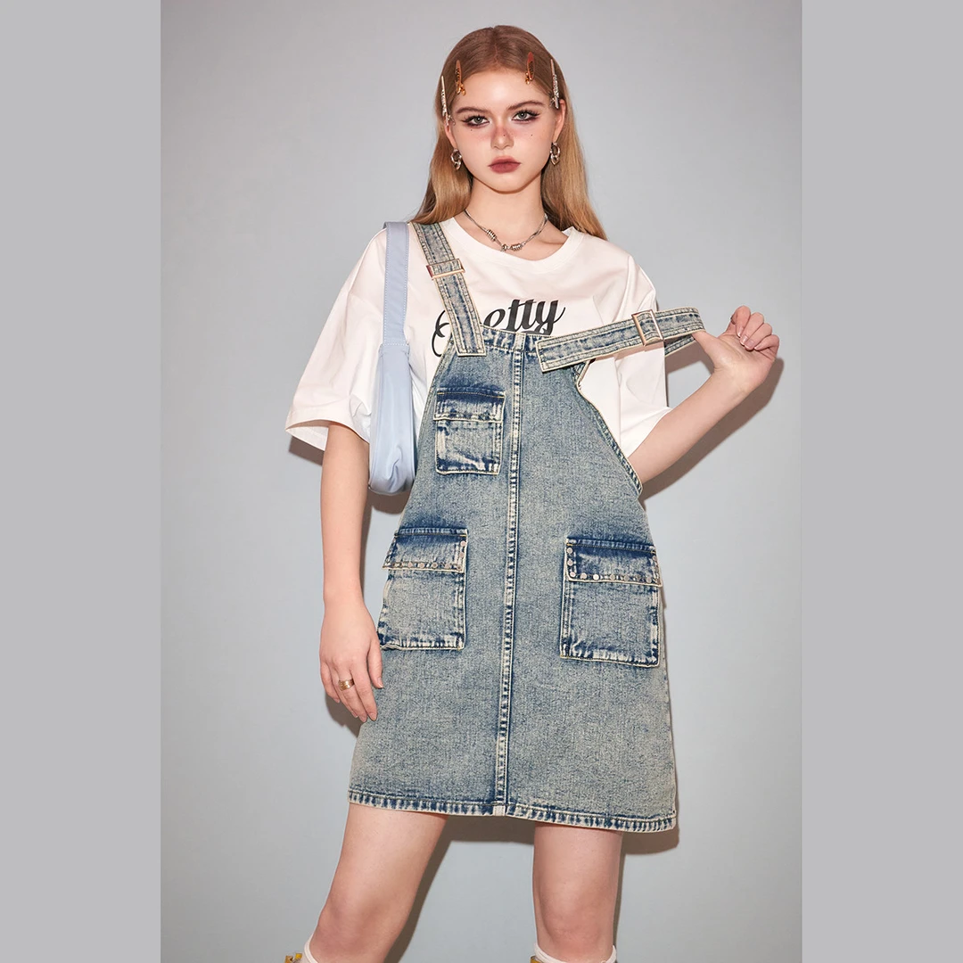 【芋总】妖精的口袋年夏款复古牛仔背带连衣裙女小个子学院