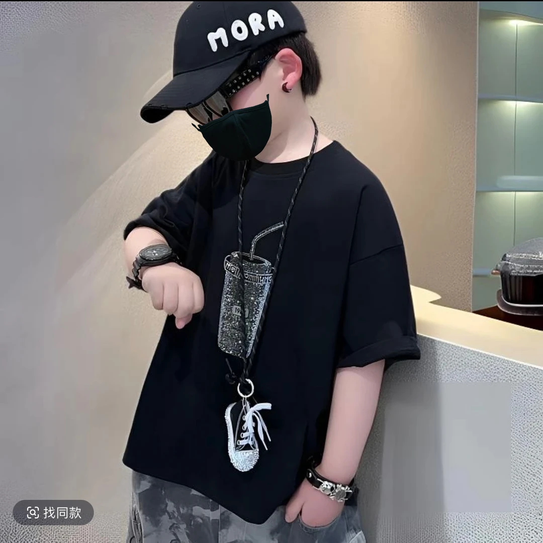 韩版男童纯棉短袖烫钻可乐杯小众T恤休闲中大童宽松夏季透气排汗