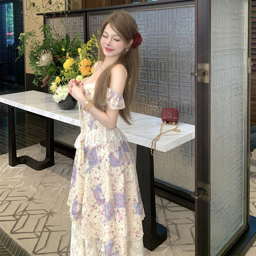 法式复古碎花吊带连衣裙女夏收腰显瘦不规则拼接长裙子纯欲气质