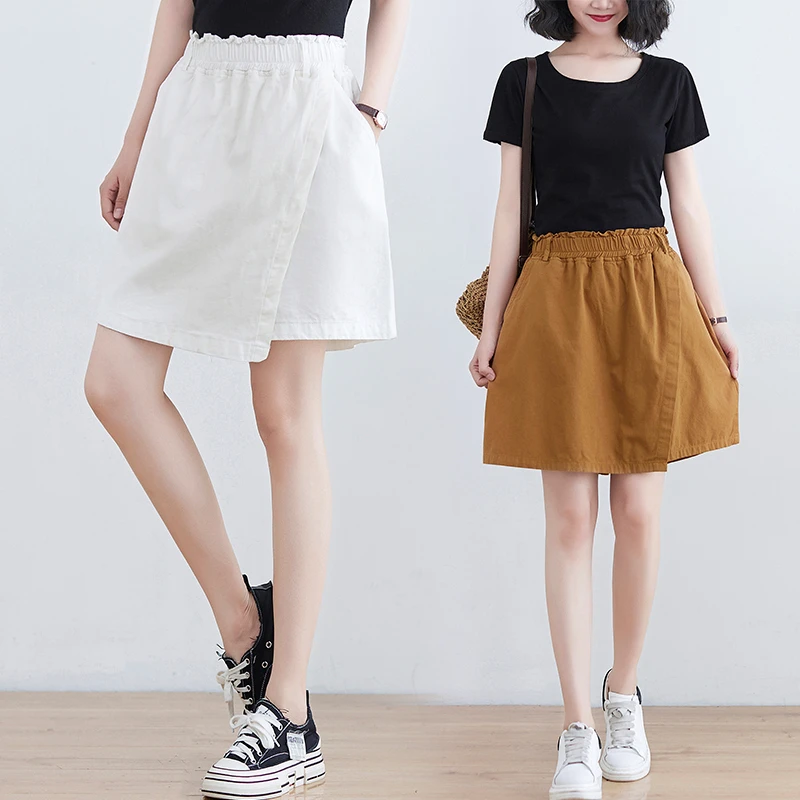 韩版文艺百搭松紧腰弹力棉休闲短裤女夏宽松高腰显瘦裙裤百搭女裤