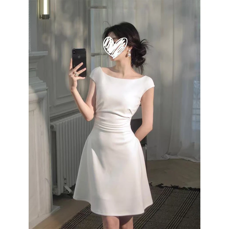 法式气质收腰连衣裙削肩包袖一字领连衣裙